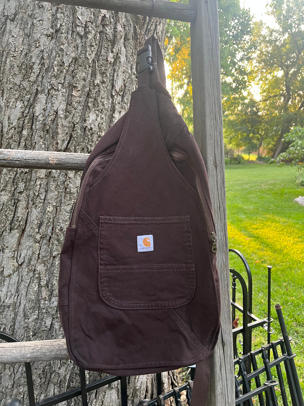 Up-cycled workwear sling bag.