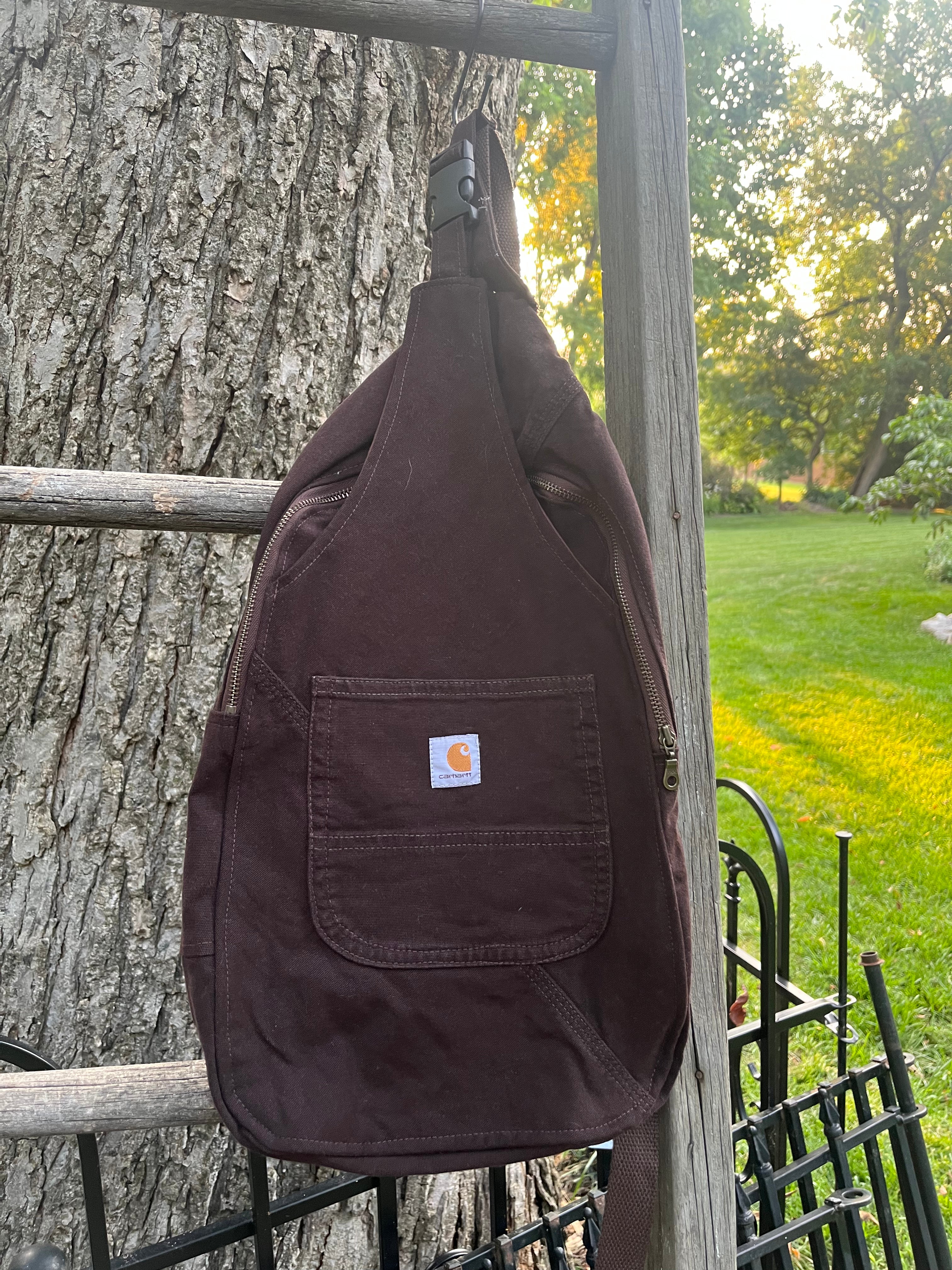 Up-cycled workwear sling bag.