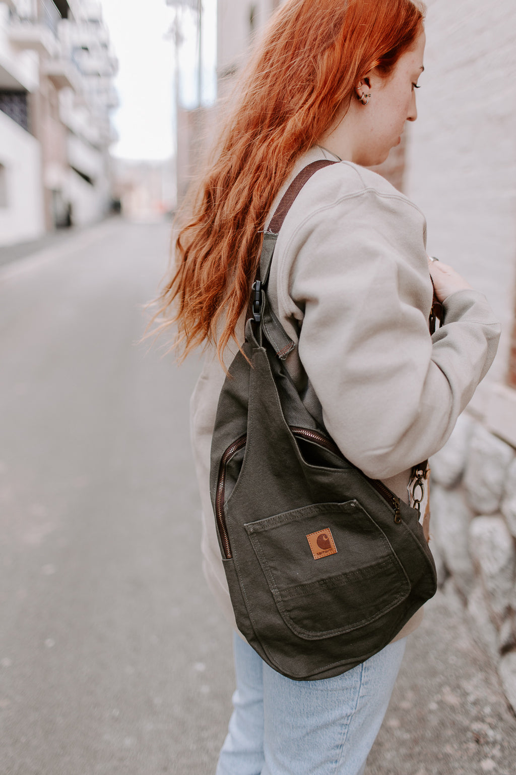 Up-cycled workwear sling bag