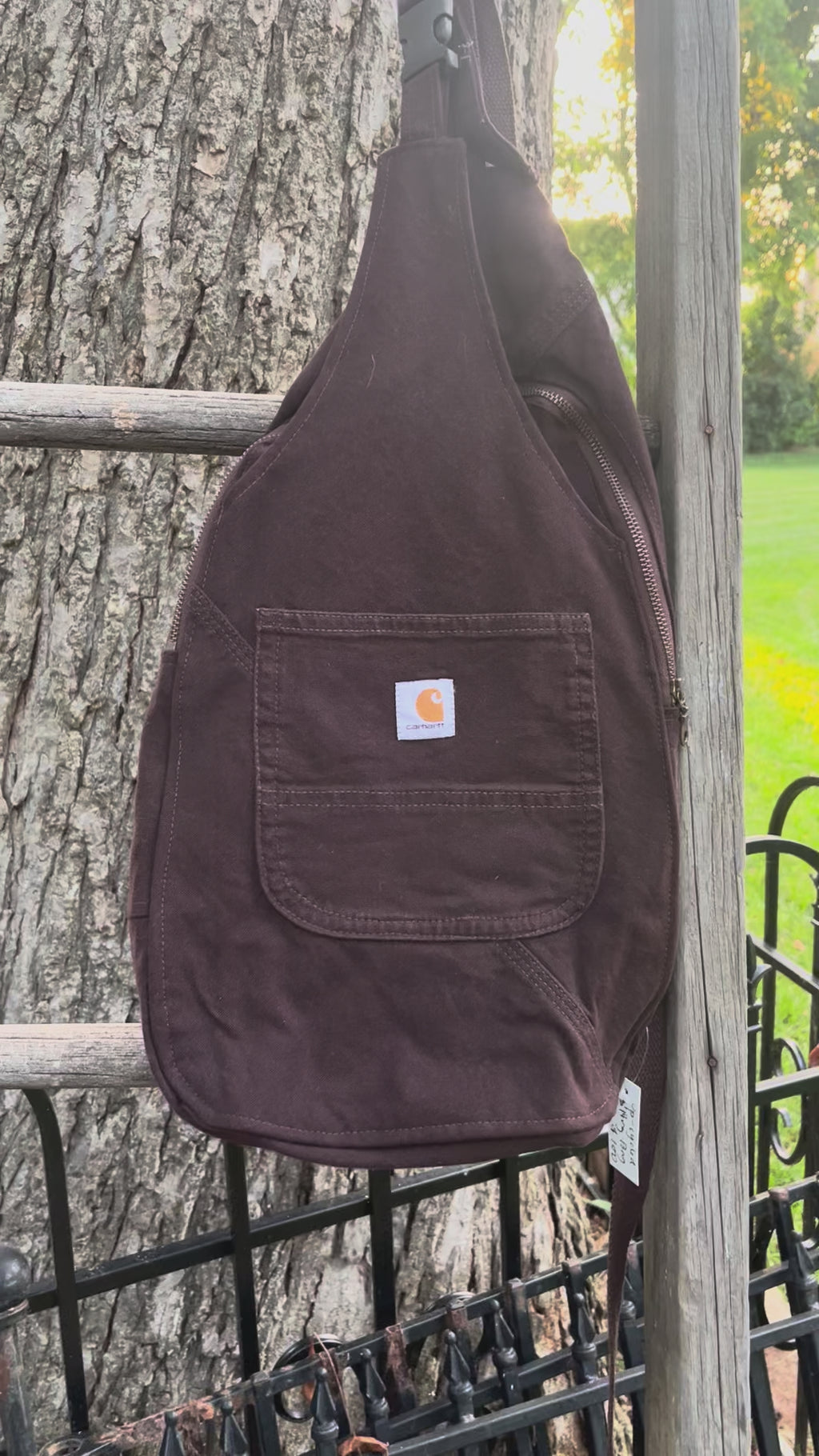 Up-cycled workwear sling bag.